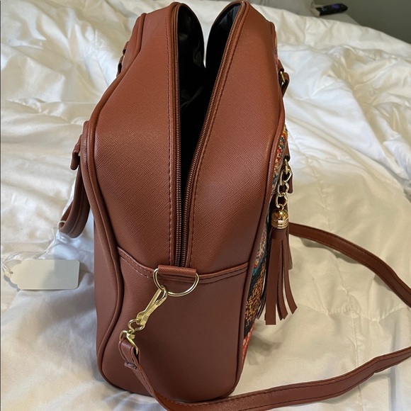 NWT Frida Kahlo Brown Embroidered Colorful Patterned Women's Faux Leather Bag - Picture 8 of 8